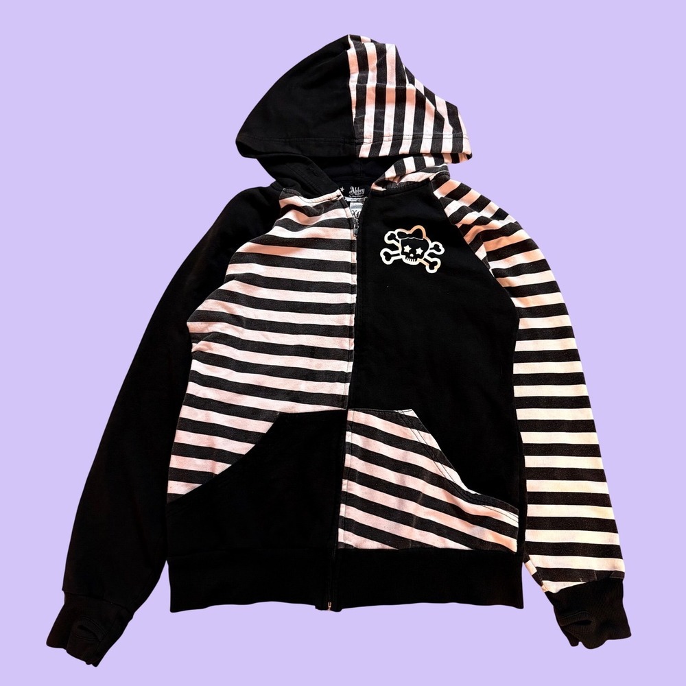 Y2K Abbey Dawn Avril Lavigne Striped Skull Rock Zip Up Hoodie Scene #16